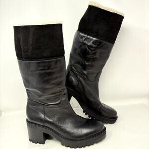 Marc Fisher LTD Willoe Moto Boots Women 9.5M Black Leather Sheep Fur Shearling